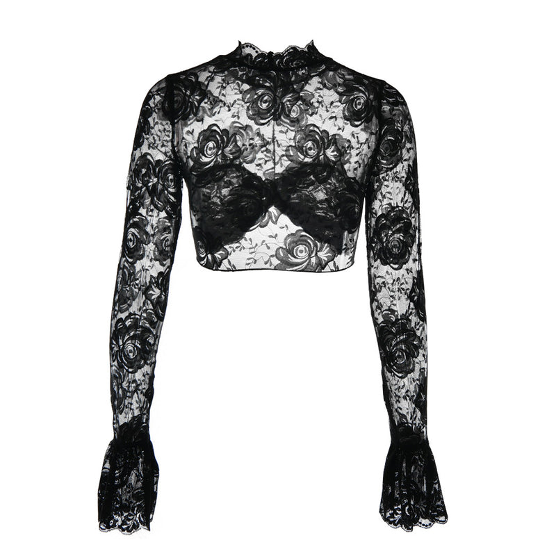 Sexy Ruched Mock Neck Flared Sleeve Flower Sheer Lace Crop Top - Black