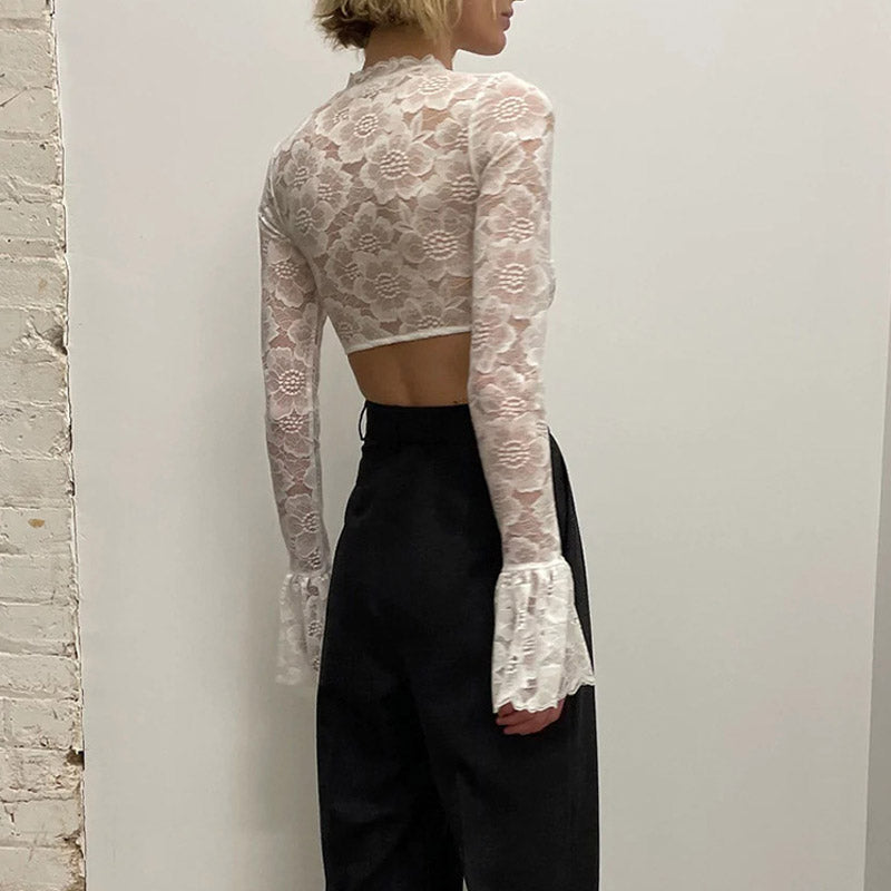 Sexy Ruched Mock Neck Flared Sleeve Flower Sheer Lace Crop Top - White