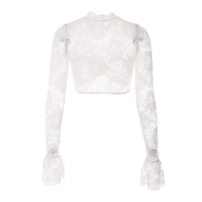 Sexy Ruched Mock Neck Flared Sleeve Flower Sheer Lace Crop Top - White