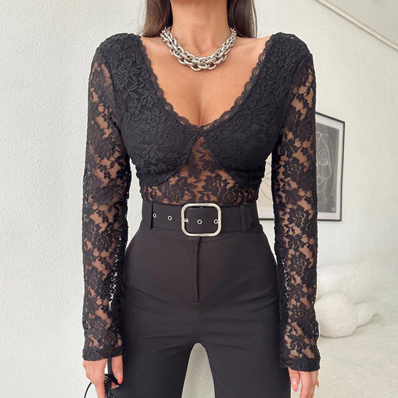 Sexy Scalloped V Neck Long Sleeve Cropped Sheer Floral Lace Top - Black