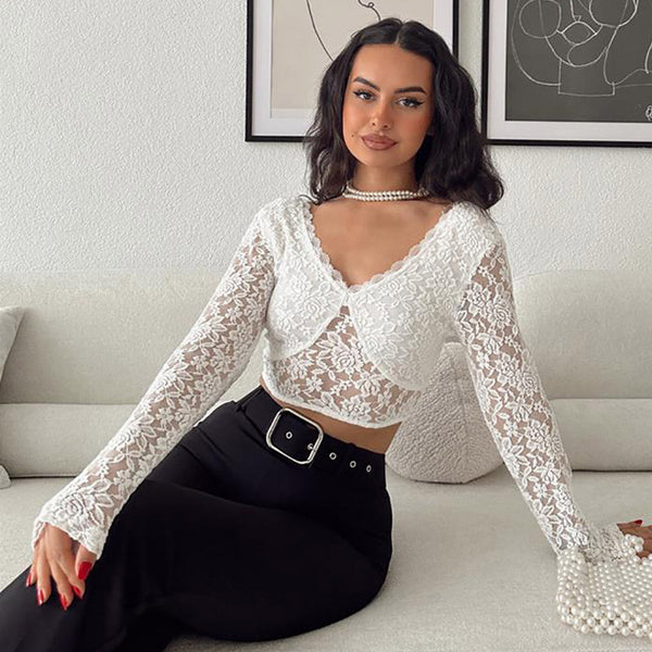 Sexy Scalloped V Neck Long Sleeve Cropped Sheer Floral Lace Top - White
