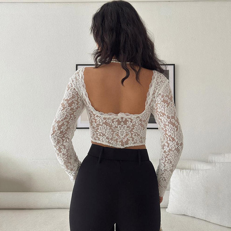 Sexy Scalloped V Neck Long Sleeve Cropped Sheer Floral Lace Top - White