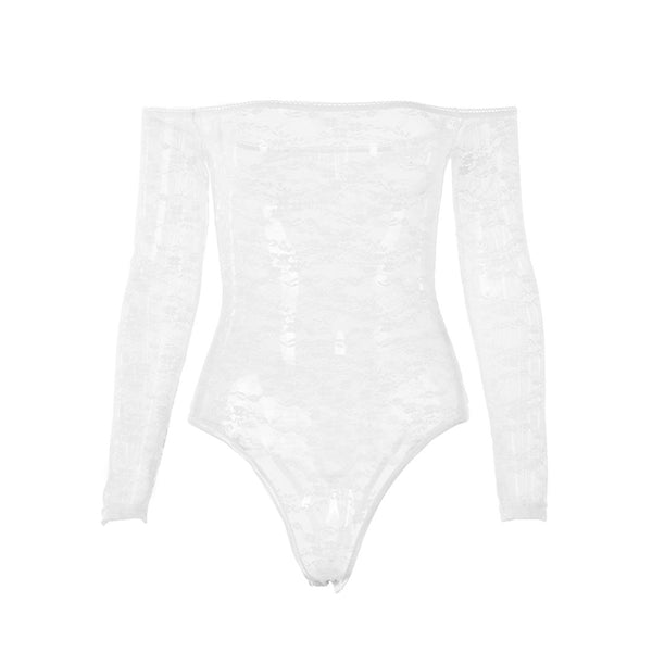 Sexy Sheer Lace Flower Long Sleeve Off Shoulder Bodysuit - White