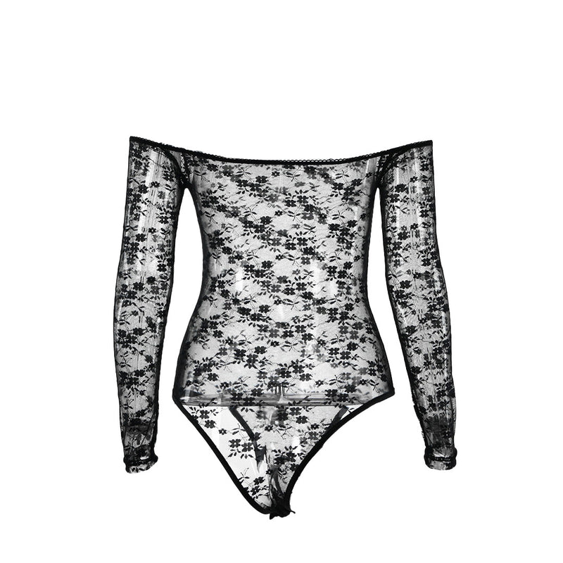 Sexy Sheer Lace Flower Long Sleeve Off Shoulder Bodysuit - Black – Trendy &  Unique
