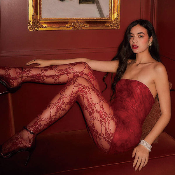 Sexy Sheer Lace Mini Tube Dress High Waist Stocking Matching Set - Red