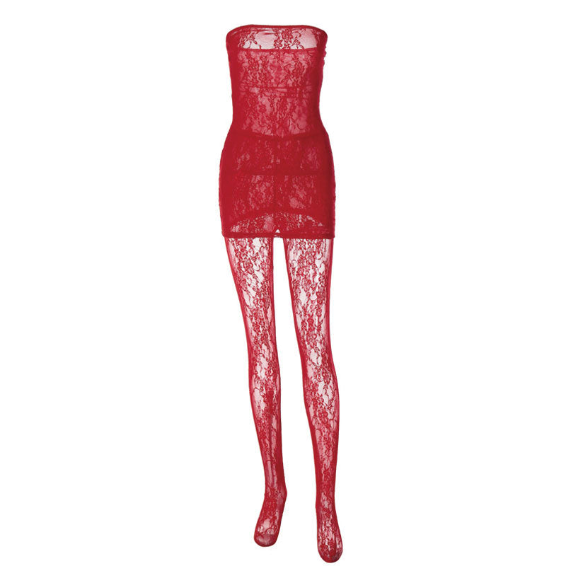 Sexy Sheer Lace Mini Tube Dress High Waist Stocking Matching Set - Red