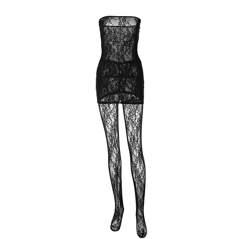 Sexy Sheer Lace Mini Tube Dress High Waist Stockings Matching Set - Black