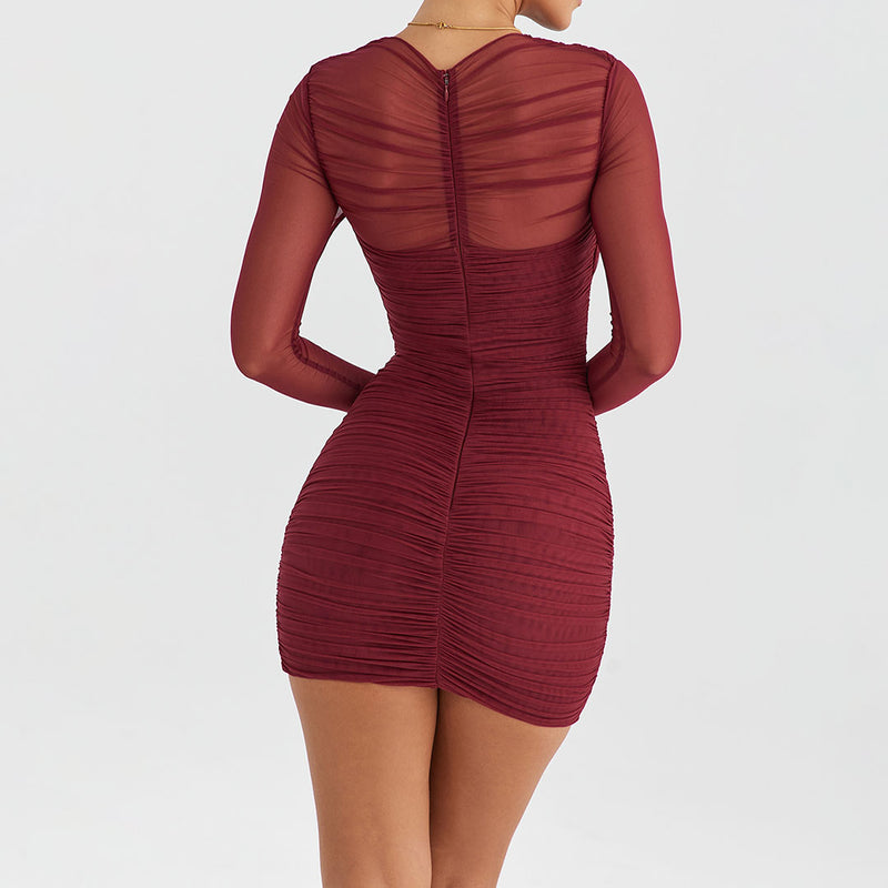 Sexy Sheer Layered Neck Mesh Long Sleeve Ruched Mini Party Dress - Wine