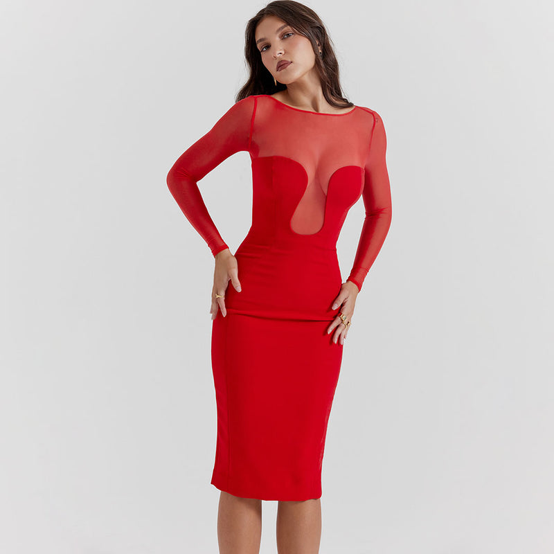 Sexy Sheer Plunge Mesh Long Sleeve Fitted Midi Cocktail Dress - Red