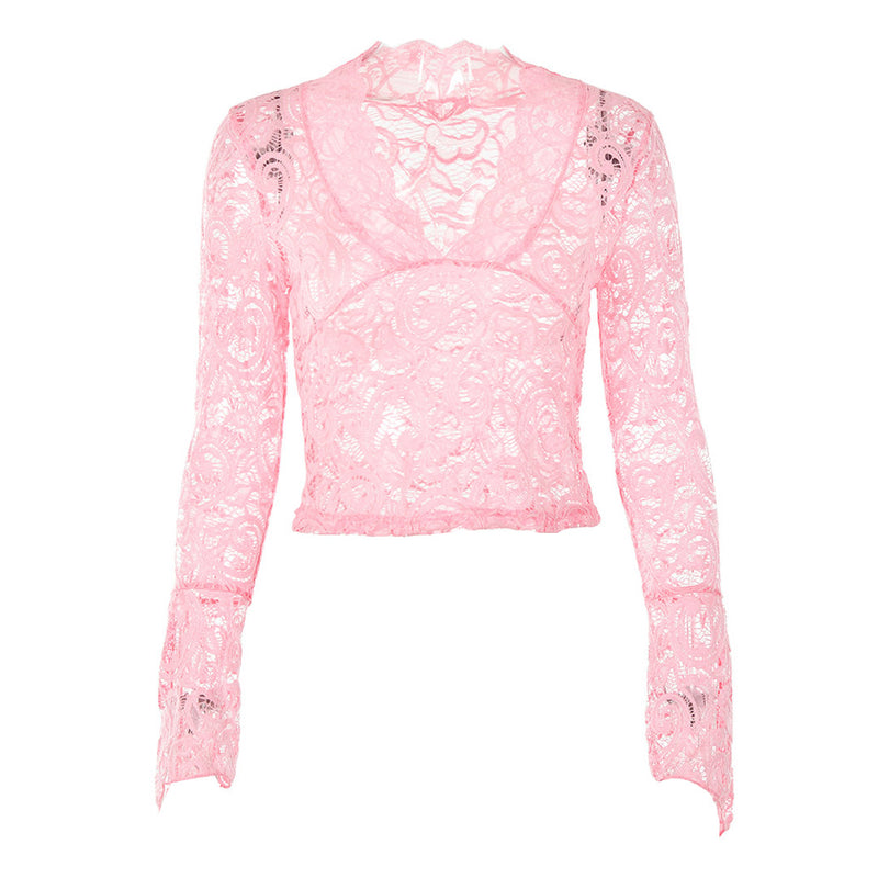 Sexy Sheer Scalloped V Neck Flared Sleeve Lace Crop Top - Pink