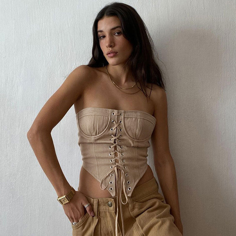 Sexy Solid Color Curved Hem Strapless Lace Up Cropped Top - Khaki