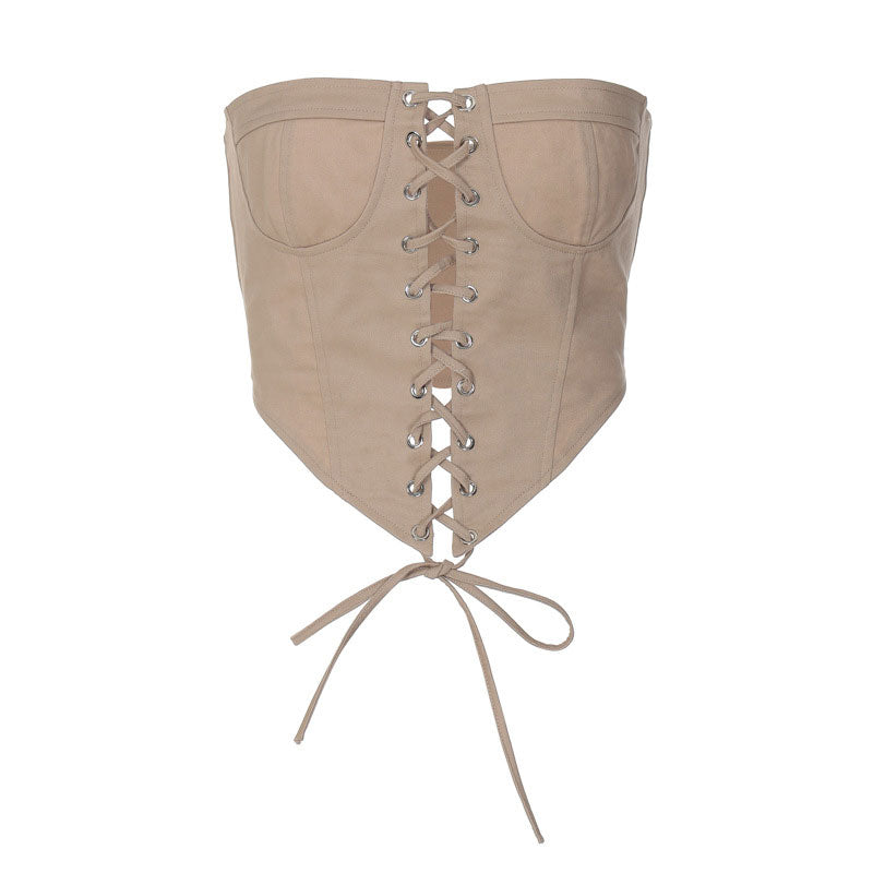 Sexy Solid Color Curved Hem Strapless Lace Up Cropped Top - Khaki