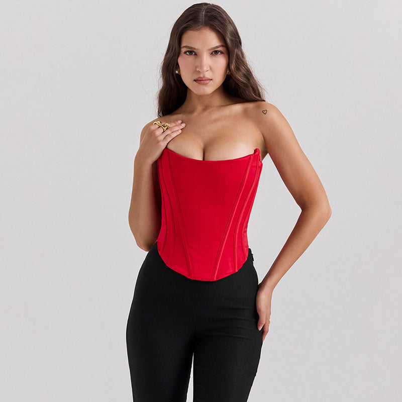 Sexy Solid Color Strapless Sweetheart Neck Lace Up Satin Crop Corset Top