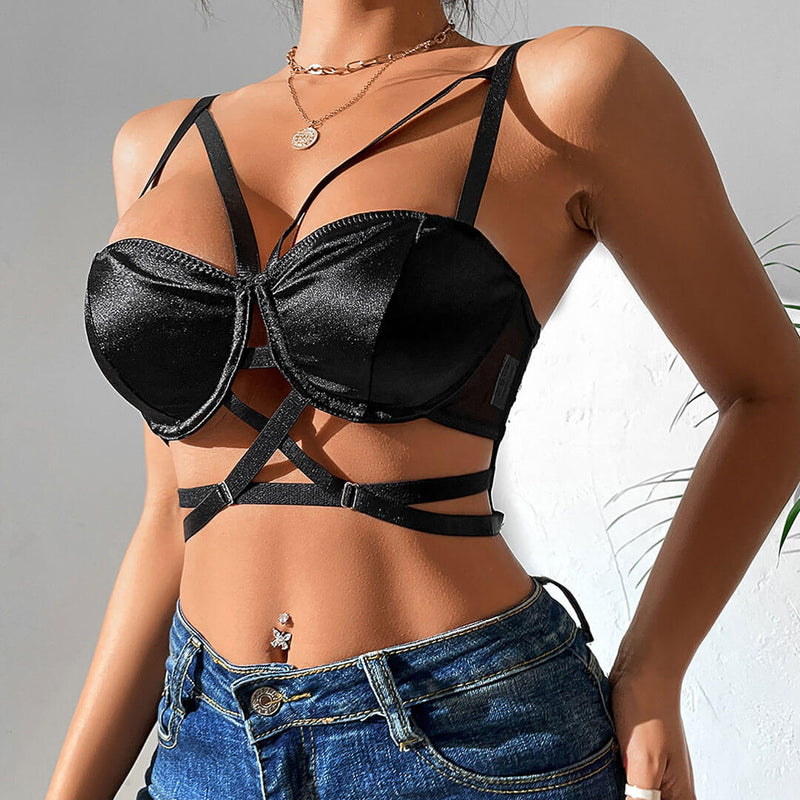 Sexy Solid Color Strappy Cutout See Through Mesh Satin Bra Top - Black