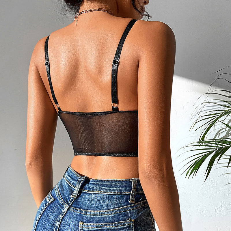 Sexy Solid Color Strappy Cutout See Through Mesh Satin Bra Top - Black