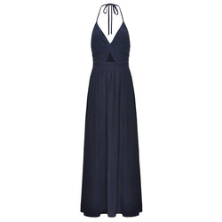 Sexy Split Low Back Twist Front V Neck Halter Vacation Maxi Dress - Navy