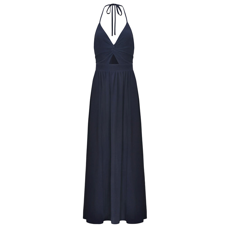 Sexy Split Low Back Twist Front V Neck Halter Vacation Maxi Dress - Navy