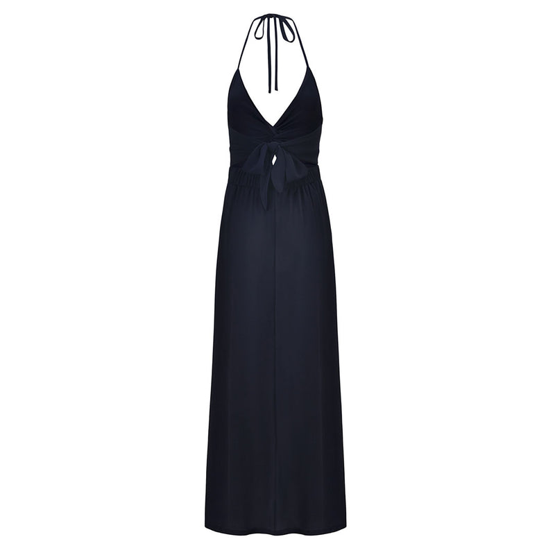 Sexy Split Low Back Twist Front V Neck Halter Vacation Maxi Dress - Navy