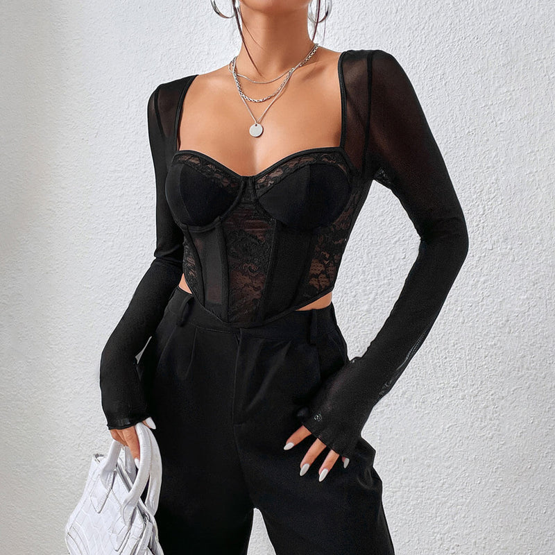 Sexy Sweetheart Long Sleeve Floral Lace Sheer Mesh Corset - Black