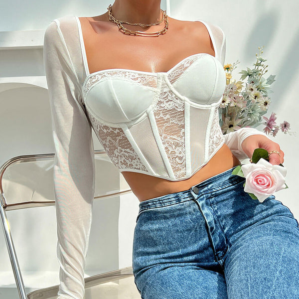 Sexy Sweetheart Long Sleeve Floral Lace Sheer Mesh Corset - White
