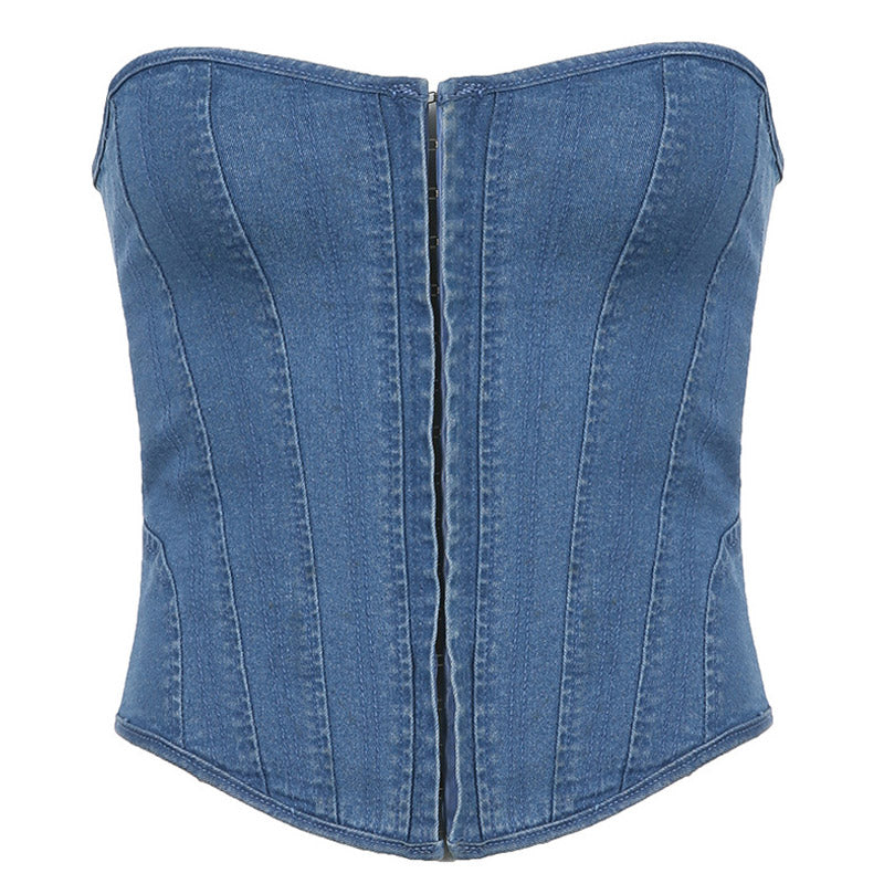 Sexy Sweetheart Neck Hook and Eye Lace Up Back Denim Tube Top - Blue