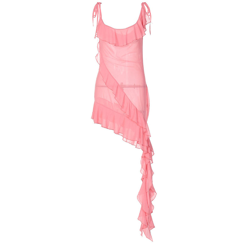 Sexy Tie Strap Scoop Neck Asymmetrical Ruffle Chiffon Sheer Dress - Pink