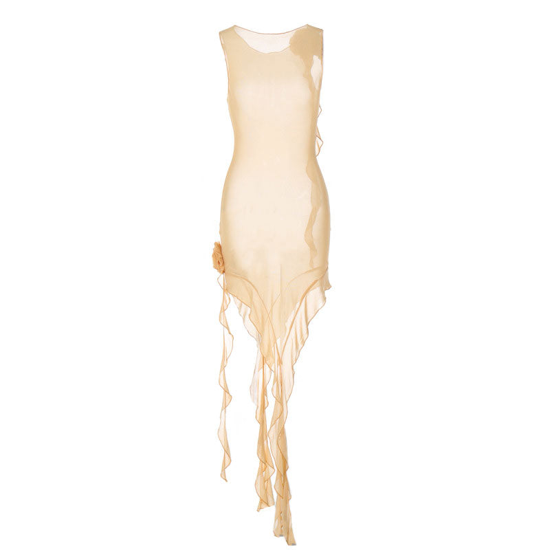 Sheer Mesh 3D Flower Ruffle Trim Sleeveless Club Dress - White
