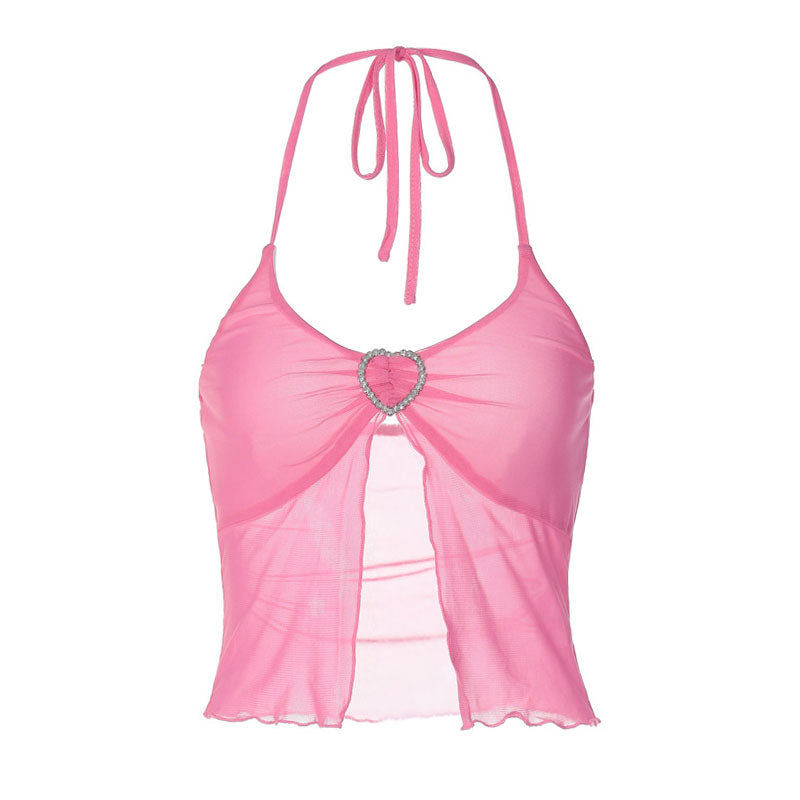 Sheer Mesh Solid Color Crystal Heart Split Detail Halter Crop Top - Pink