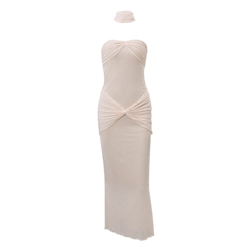 Sparkly Choker Gathered Strapless Sheer Rhinestone Mesh Maxi Dress
