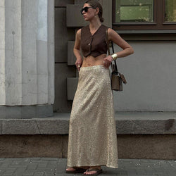 Sparkly Disco Style Drop Waist A Line Party Maxi Sequin Skirt - Gold