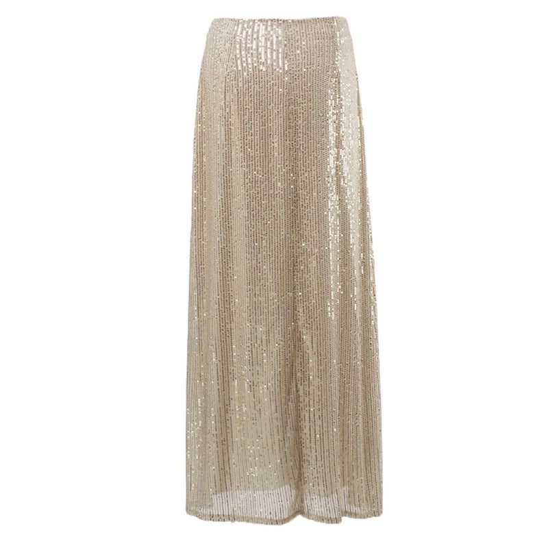 Sparkly Disco Style Drop Waist A Line Party Maxi Sequin Skirt - Gold