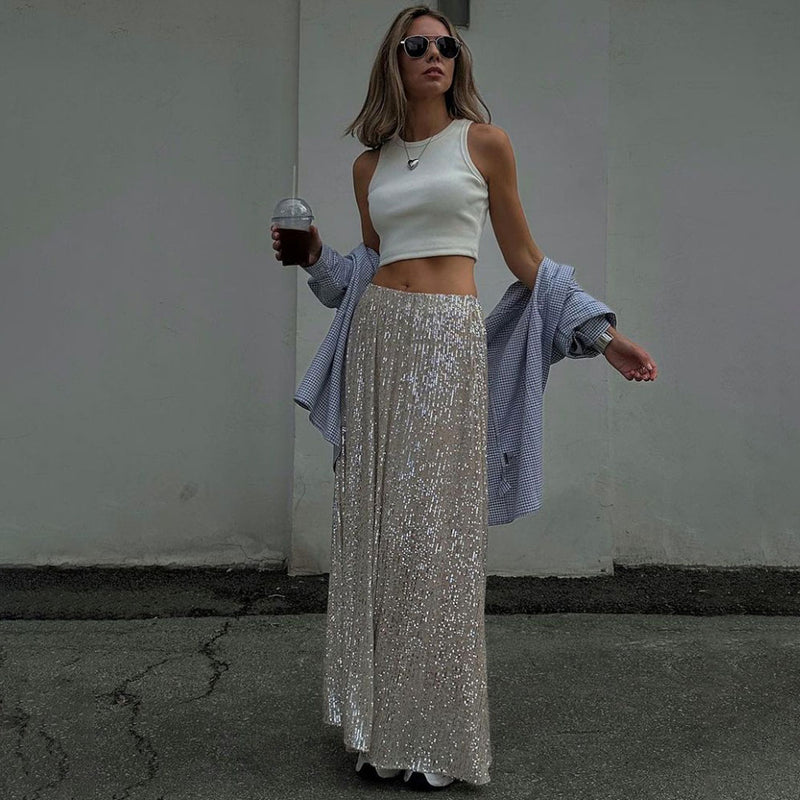 Sparkly Disco Style Drop Waist A Line Party Maxi Sequin Skirt - Silver