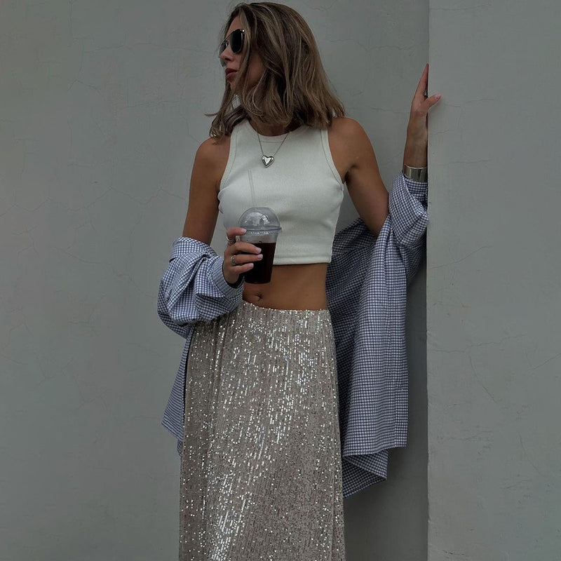Sparkly Disco Style Drop Waist A Line Party Maxi Sequin Skirt - Silver