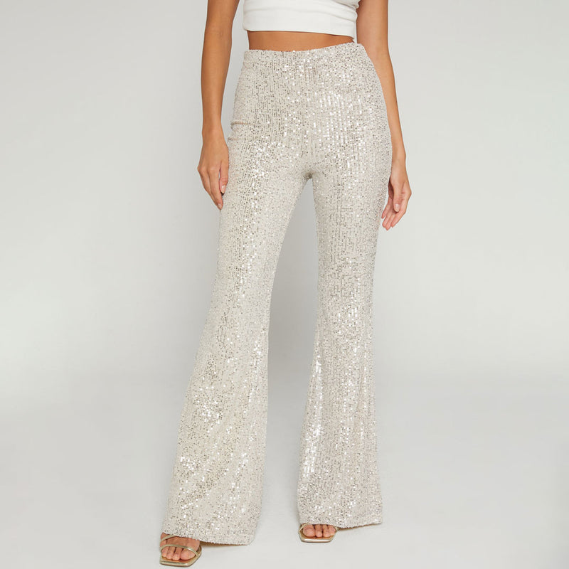 Sparkly High Waist Fit and Flare Wide Leg Party Sequin Pants - Apricot