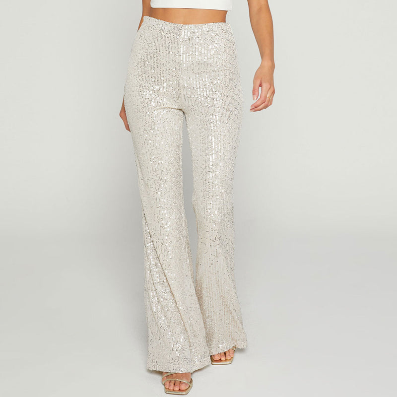 Sparkly High Waist Fit and Flare Wide Leg Party Sequin Pants - Apricot