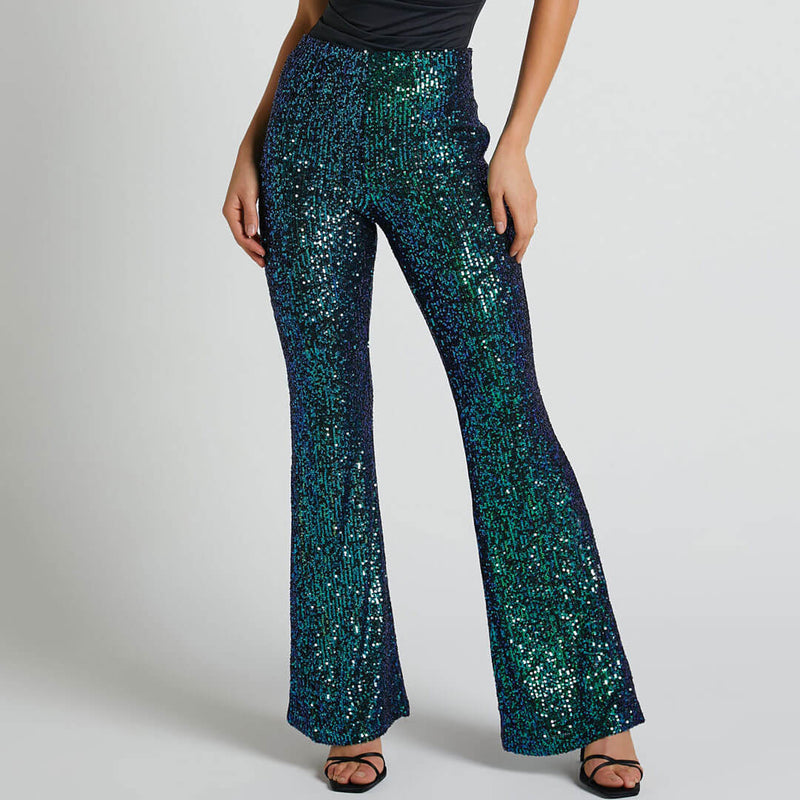 Sparkly High Waist Fit and Flare Wide Leg Party Sequin Pants - Emerald Green