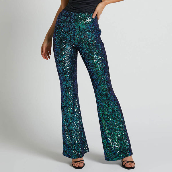 Sparkly High Waist Fit and Flare Wide Leg Party Sequin Pants - Emerald Green