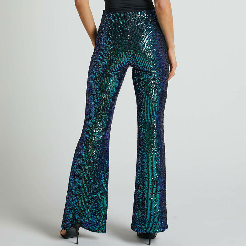 Sparkly High Waist Fit and Flare Wide Leg Party Sequin Pants - Emerald Green