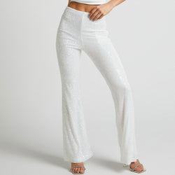 Sparkly High Waist Fit and Flare Wide Leg Party Sequin Pants - White