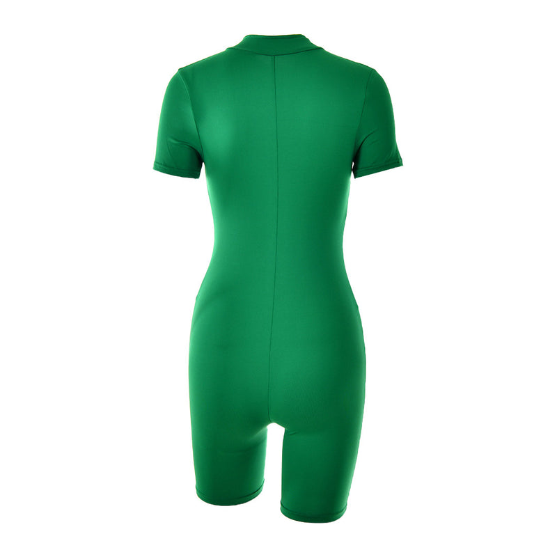 Sporty Bodycon Short Sleeve Mock Neck Zip Up Romper - Green