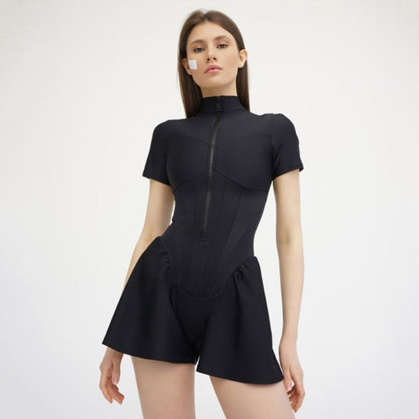 Sporty Ruffle Leg Short Sleeve Mock Neck Zip Up Romper - Black