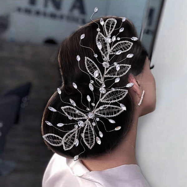 Spring Bloom Silver Tone Embellished Crystal Leaf Bridal Hair Vine