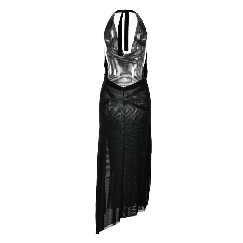Stylish High Split Sheer Mesh O Ring Halter Cowl Neck Backless Midi Dress - Black