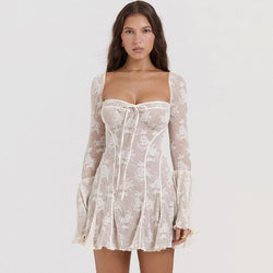 Sweet Tie Neck Flare Long Sleeve Floral Lace Pleated Party Mini Dress - Cream