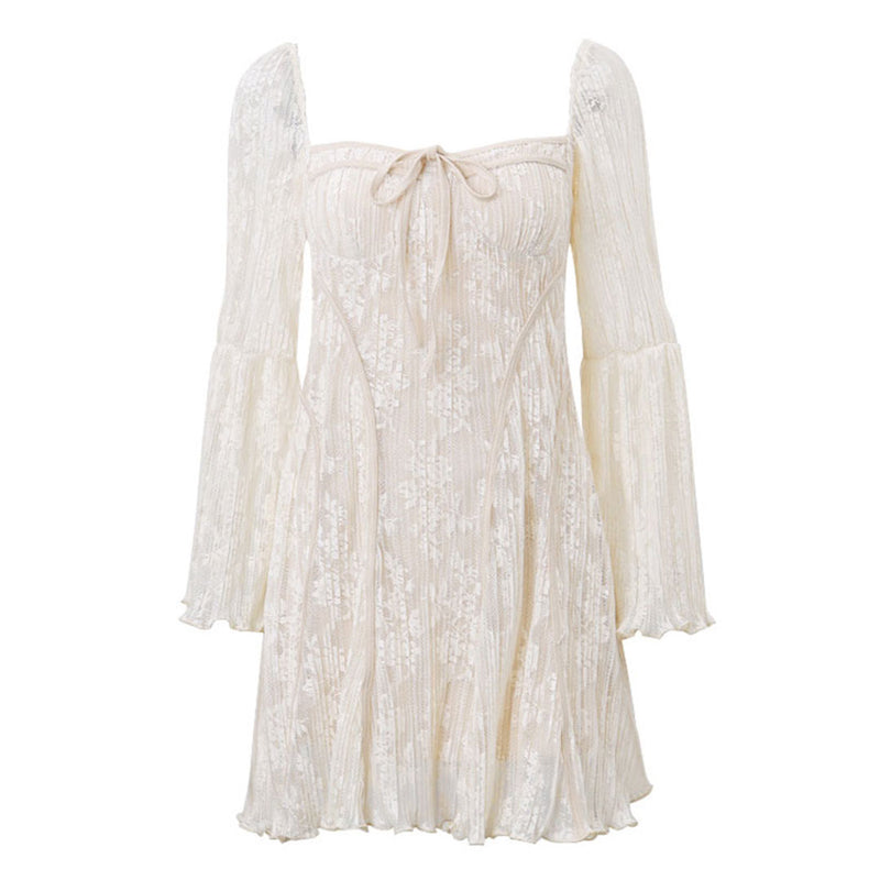 Sweet Tie Neck Flare Long Sleeve Floral Lace Pleated Party Mini Dress - Cream