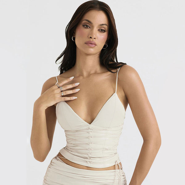 Trendy Lace Up Vegan Leather Deep V Tank Crop Top - Ivory