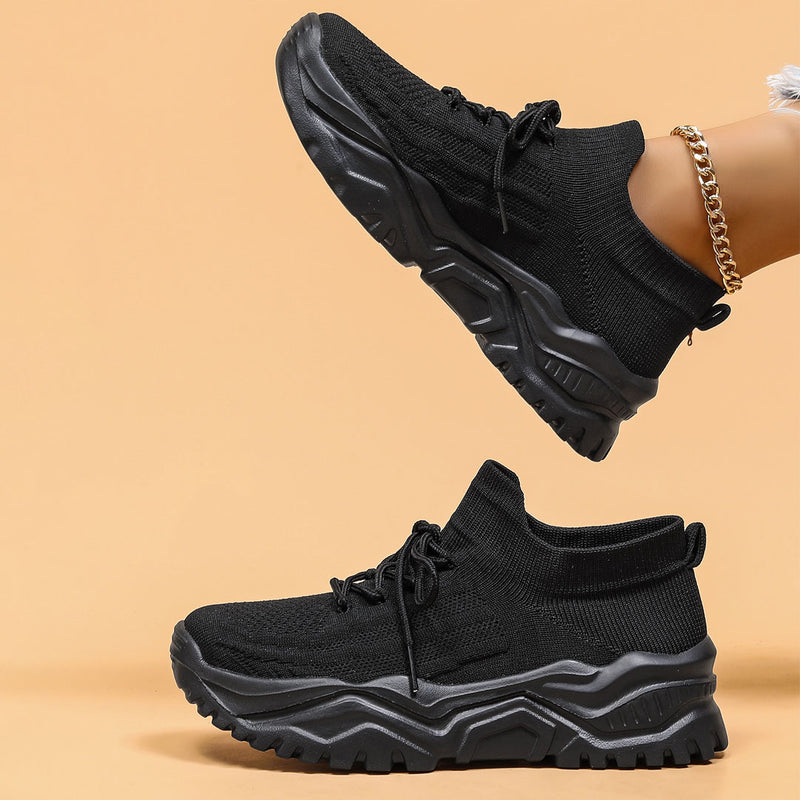 Ultra Chic Solid Chunky Sole Breathable Lace Up Knit Sneakers