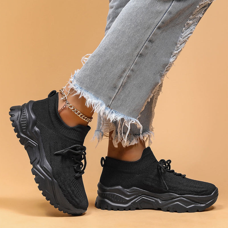 Ultra Chic Solid Chunky Sole Breathable Lace Up Knit Sneakers