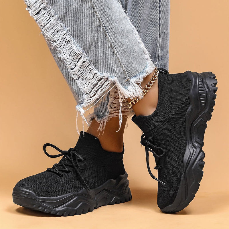 Ultra Chic Solid Chunky Sole Breathable Lace Up Knit Sneakers