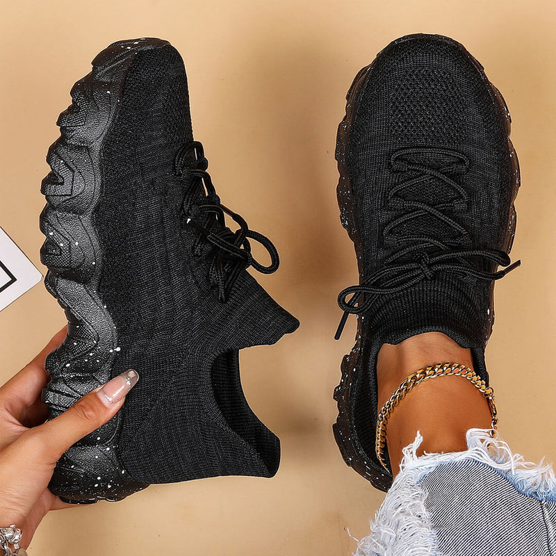 Ultra Comfort Wavy Chunky Sole Breathable Lace Up Knit Sneakers